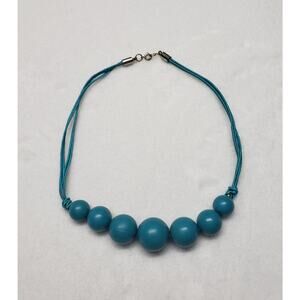 Vintage KIM Aqua Blue Wood Bead Necklace Boho Mid Century Coastal Grandma